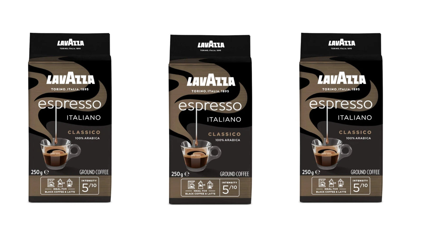Lavazza Caffe Espresso Ground Coffee, 250g Pouch - Pack of 3 - Intensity 5/10