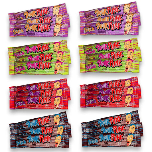 Sour Punk Candy Sticks, Variety Pack of 24 - Strawberry, Cola, Blueberry, Apple