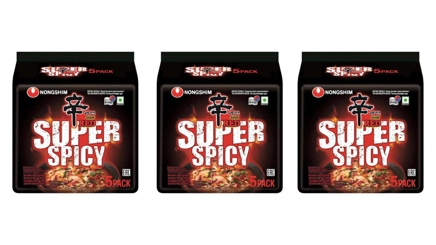 Nongshim Shin Red Super Spicy Ramen Instant Noodles 120g Pack of 3 - Koream Yum!