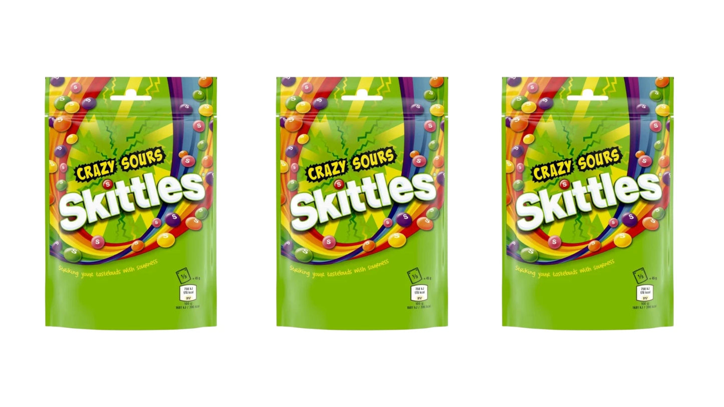 Skittles Vegan Sweets Crazy Sour Travel Friendly Candy - 136g Each - Pack of 3