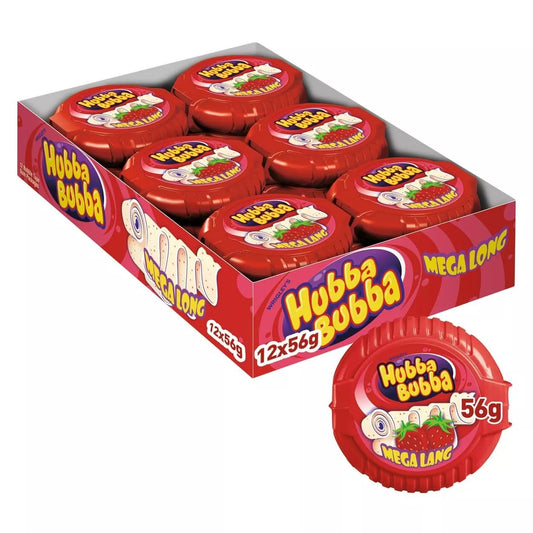 Hubba Bubba Mega Long Snappy Strawberry Bubble Tape Gum 56g - Pack of 12