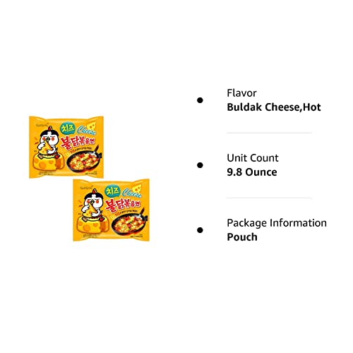 SAMYANG Ramen Korean Noodles Hot/Mild/Stir Fries/Soups (Buldak Cheese, 2 Pack), 299g - Cheesy Delight for Two