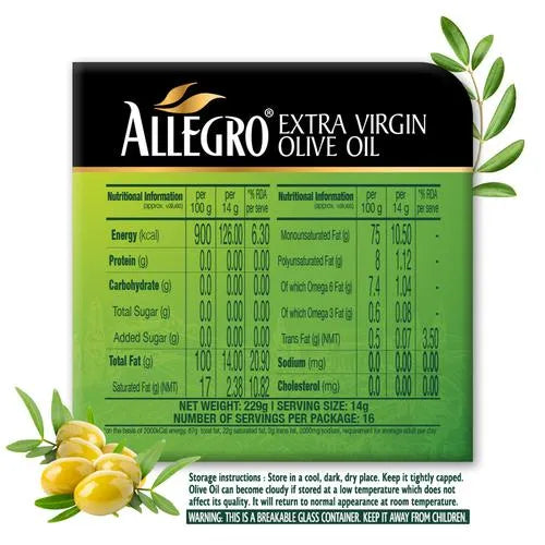 ALLEGRO Extra Virgin Olive Oil Bottle, 250 ml/229g - Pure & Fresh!