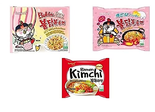 Samyang Korean Buldak Cream Carbonara Noodles PK1 & Buldak Carbo Noddles PK1 & Buldak Ramen Kimchi Pk1(420Gm)(Imported) Pack of 3 (Non - Vegetrian)