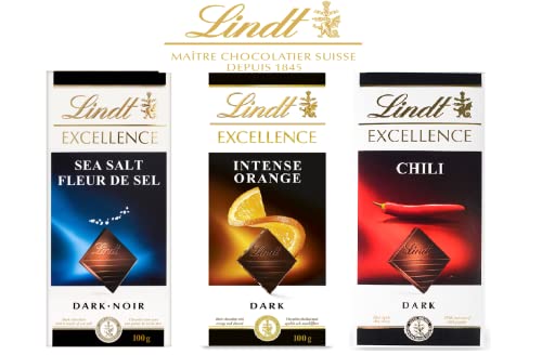 Lindt Chocolate Excellence Combo Pack Collection Of Dark Chocolate, Sea Salt, Intenes Orange, Chilli, Each 100g Pack Of 3