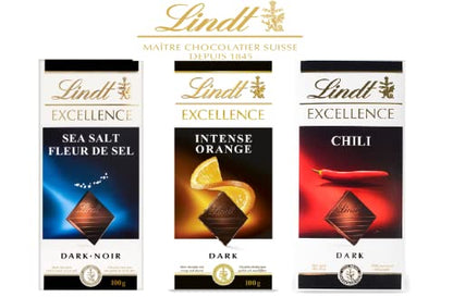 Lindt Chocolate Excellence Combo Pack Collection Of Dark Chocolate, Sea Salt, Intenes Orange, Chilli, Each 100g Pack Of 3