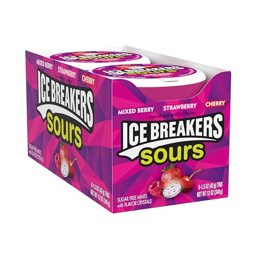 ICE BREAKERS Sours Mints, (Mixed Berry, Strawberry, Cherry), Sugar Free, 1.5 Ounce Container (Count of 8) - A trio of berry, strawberry, and cherry sours, sugar-free, 8 containers of 1.5 oz each for ultimate variety.