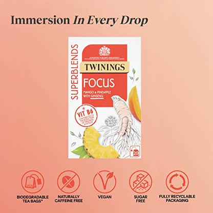 Twinings Superblends Focus Mango & Pineapple with Ginseng Tea 20 Tea Bag, 30g