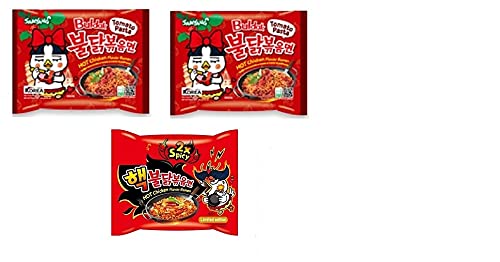 Samyang Korean Tomato Pasta Noodles PK2 & Buldak 2XSpicy Flavour Spicy Noodles PK1 (420g) (Imported) Pack of 3 (Non-Vegetarian) - Tomato Tango with a Fiery Twist