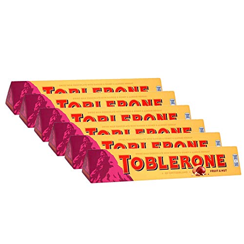 Toblerone Fruit & Nut with Raisins, Honey and Almond Chocolate Bar Pack of 6, x 100 g