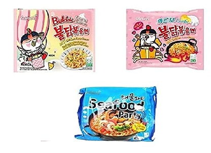 Samyang Korean Buldak Cream Carbonara Noodles PK1 & Buldak Carbo Noddles PK1 & Buldak Seafood Pk1(420Gm)(Imported) Pack of 3 (Non - Vegetrian)