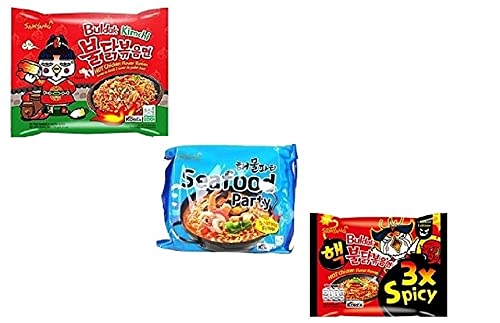 Samyang Korean Buldak 3XSpicy Noodles PK1 & Buldak kimchi Noddles PK1 & Buldak SeaFood Pk1(420Gm)(Imported) Pack of 3 (Non - Vegetrian)