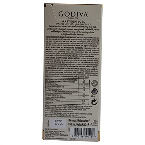 Godiva Masterpieces Caramel with milk Chocolate 83g - Delight in the smooth and creamy caramel-filled milk chocolate from Godiva's Masterpieces collection