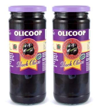 OLICOOP Black Pitted Olive, 450g, Combo Pack of 2, Product of Spain, for Authentic Taste in Cooking, Snacking, Pizzas toppings or Italian Pastas Ingredient