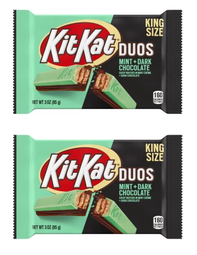 KitKat Duos King Size Mint Dark Chocolate Crisp Wafers In Mint Creme Dark Chocolate 85g Pack Of 2 - Double up on the minty goodness with KitKat Duos King Size Mint Dark Chocolate Crisp Wafers, Pack Of 2, 85g each.