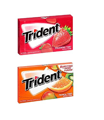 Trident Sugar Free Chewing Gum Tropical Flavor 14 Sticks, 26 G And Strawberry Flavor 14 Sticks, 26 G