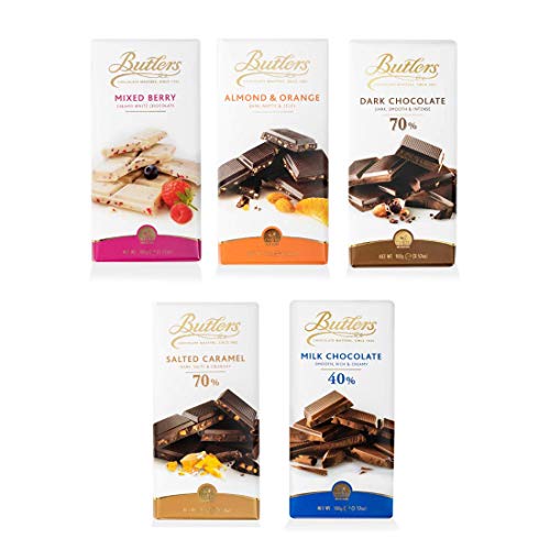 Butlers Exclusive Combo Pack of Mixed Berry Bar, Almond and Orange, 70% Dark Chocolate, 70% Salted Caramel and 40% Milk Chocolates -100g - Chocolate variety pack