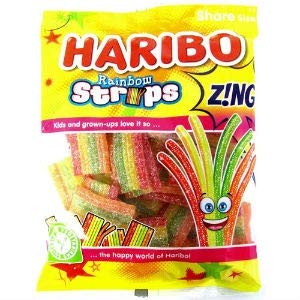 Haribo Rainbow Strips Sour Fruit, 130g - Sour fruit flavored rainbow strips for a tangy treat.