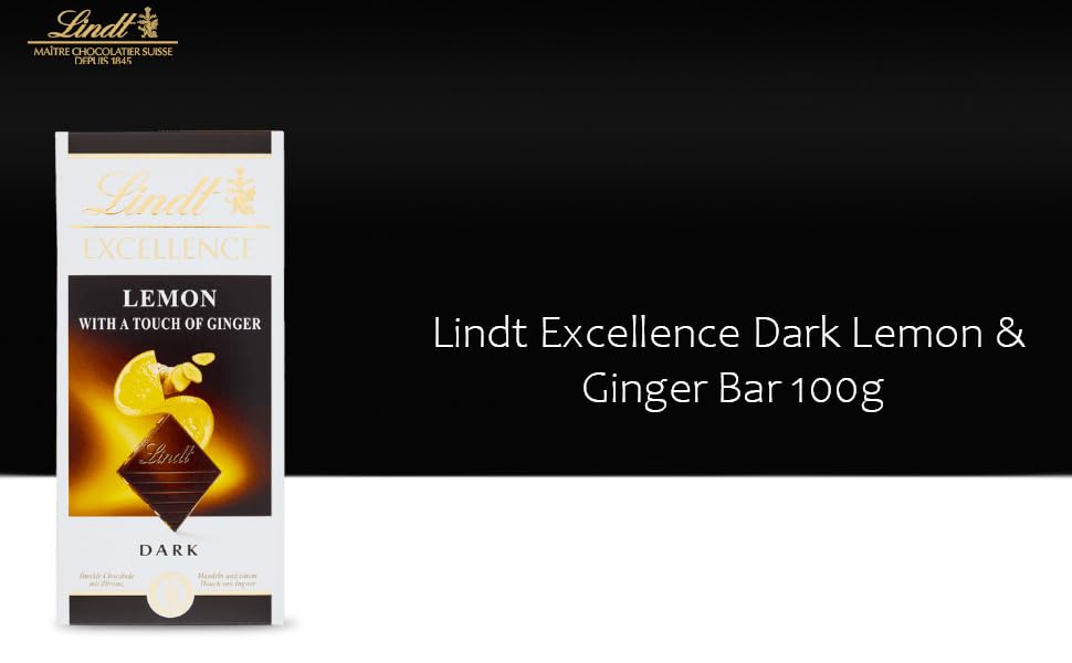 Lindt Excellence Lemon Citron with A Touch Of Ginger Dark Chocolate Bar, 100g, White, Black & Yellow