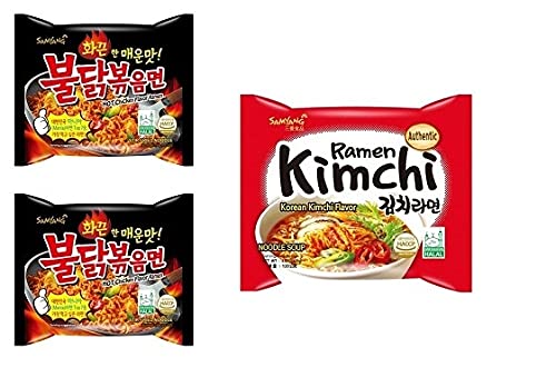 Samyang Korean Stir Fried Noodles PK2 & Buldak Ramen Kimchi Flavor Spicy Noodles PK1 (420g) (Imported) Pack of 3 (Non-Vegetarian) - Kimchi Kick in Every Bite