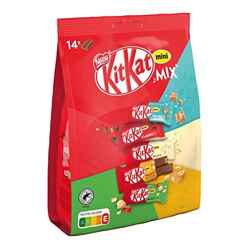 Nestle KitKat Mini Mix, Salted Caramel, Classic, White, Peanut Butter, Hazelnut,14 Bars 197.4g - "KitKat Mini Mix - 14 Bars, 197.4g of Varied Chocolate Bliss!"