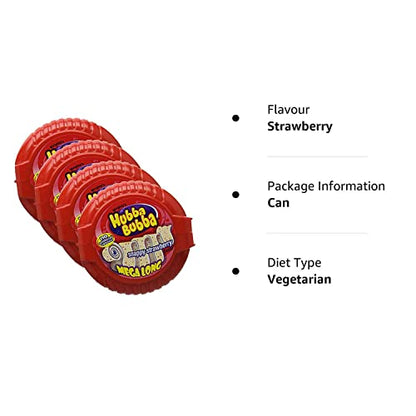 Hubba Bubba Mega Long Snappy Strawberry, 4 Pack, 4 X 56 G, 224 Grams - Four packs of snappy strawberry bubble tape, 56g each.