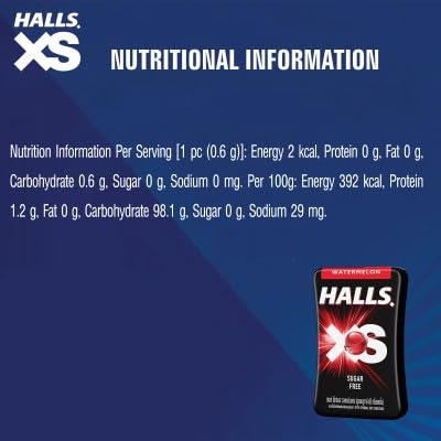 Halls XS Flavored Sugar Free Candy 13.8g Each - Pack of 12 (Watermelon) - Enjoy the refreshing taste of watermelon in a sugar-free candy.