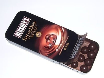 Hersheys Special Dark Pure Chocolate Luscious Pearls 50g Tin Pack! - Luscious dark chocolate pearls in a 50g tin, pure and delightful.