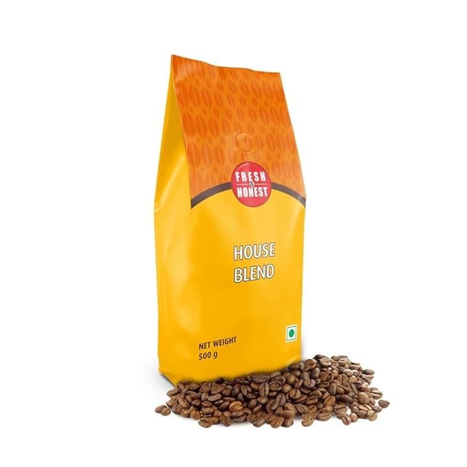 FRESH & HONEST House Blend 500g - Medium to Dark Roast Coffee Beans, Rich Crema, and Pure Coffee Bliss in Every Cup - Premium Roasted Beans - House blend coffee beans!