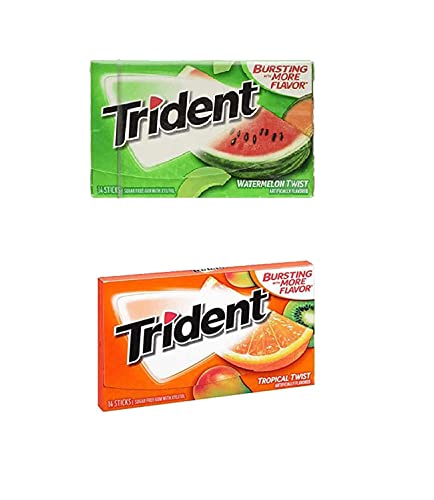 Trident Sugar Free Chewing Gum Tropical Flavor 14 Sticks, 26 G And Watermelon Flavor 14 Sticks, 26 G