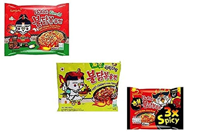 Samyang Korean Buldak 3XSpicy Noodles PK1 & Buldak kimchi Noddles PK1 & Buldak Jijang Pk1(420Gm)(Imported) Pack of 3 (Non - Vegetrian)