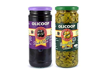 Olicoop Black Slice Olives + Green Slice Olives, 450g, Pack of 1 Unit Each, for Authentic Taste in Cooking, Snacking, Pizzas toppings or Italian Pastas Ingredient