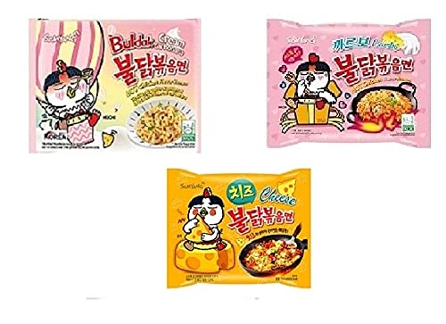 Sam Yang Korean Buldak Cream Carbonara Noodles Pk1 & Buldak Carbo Noddles Pk1 & Buldak Cheese Pk1(420Gm)(Imported) Pack Of 3 (Non - Vegetrian)