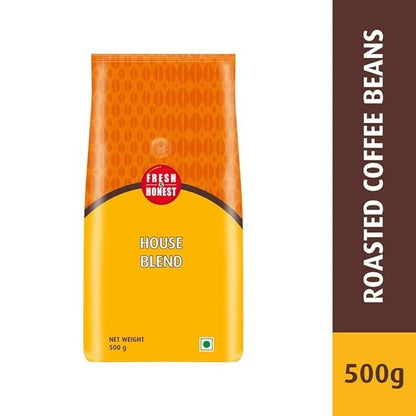 FRESH & HONEST House Blend 500g - Medium to Dark Roast Coffee Beans, Rich Crema, and Pure Coffee Bliss in Every Cup - Premium Roasted Beans - House blend coffee beans!