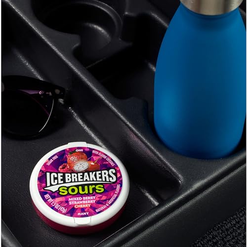 ICE BREAKERS Sours Mints, (Mixed Berry, Strawberry, Cherry), Sugar Free, 1.5 Ounce Container (Count of 8) - A trio of berry, strawberry, and cherry sours, sugar-free, 8 containers of 1.5 oz each for ultimate variety.