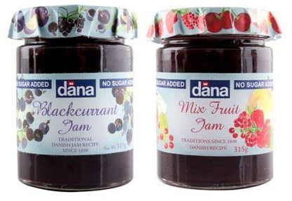 Dana Diabetic Black Currant Jam + Diabetic Mixed Fruit Jam, 315g, Pack of 1 Each, Product of Poland - Diabetic black currant and mixed fruit jam