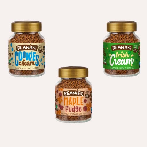 Beanies | Flavoured Instant Coffee | Irish Cream 50g | Cookies & Cream 50g | Maple Fudge 50g | Low Calorie | Sugar free | Pack Of 3 - Flavorful coffee adventures