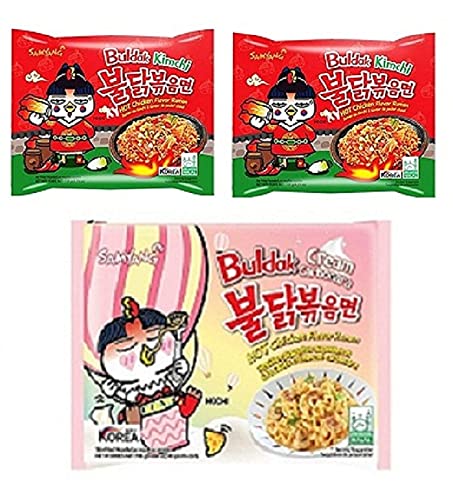 Samyang Buldak Kimchi 2 & Buldak Cream Carbonara 1 (Pack of 3) (420gm) (Imported) Instant Noodles Non-vegetarian (3x140 g)(Combo Pack)