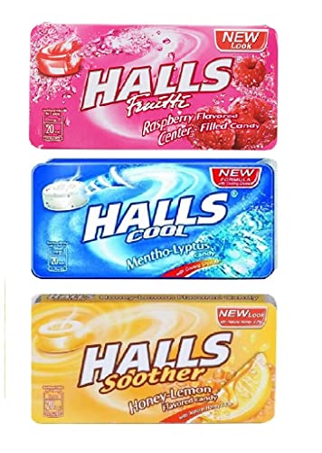 Halls Variety Pack, 1, Honey Lemon, 1, Mentho Lyptus, 1, Raspberry, Each 22.4g Pack Of 3 (Thailand) - Try a variety of flavors in this convenient 3-pack.