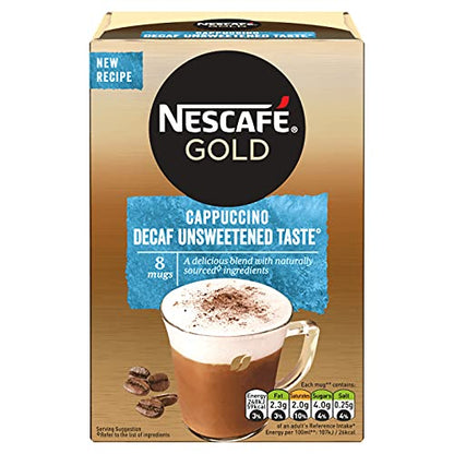 Nescafe Gold Decaffeinated Cappuccino Unsweetened Coffee 8 Sachets Pouch, 6 X 120 g - "Decaf Cappuccino Bliss - Unsweetened Perfection in Every Sachet!"