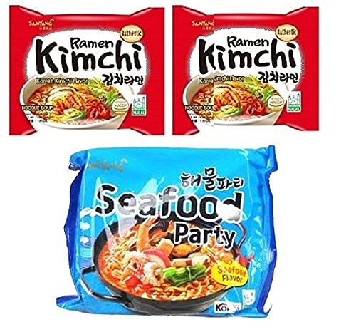 Samyang Ramen Kimchi Noodles PK2 & Buldak Seafood Noodles PK1 (Pack of 3) (420g) (Imported) Instant Noodles Non-Vegetarian (3x140g) (Combo Pack) - Kimchi and Seafood Extravaganza