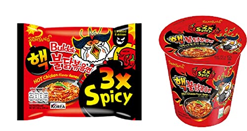 Samyang 3X Spicy Noodles 140Gm PK1 &2XSpicy Cup Noodles 70Gm PK1 (Pack Of 2) 210 Gm ( Combo Pack ) Imported