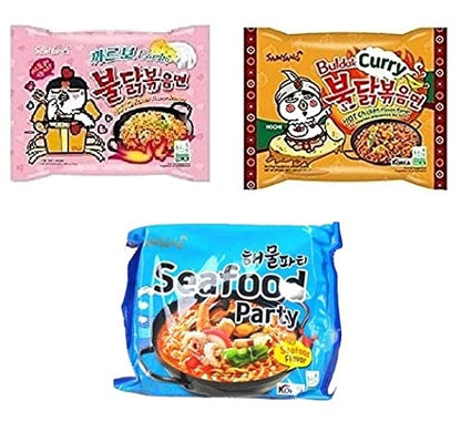 Samyang Korean Buldak Carbo Noodles PK1 & Buldak Seafood Noddles PK1 & Buldak Curry Pk1(420Gm)(Imported) Pack of 3 (Non - Vegetrian)