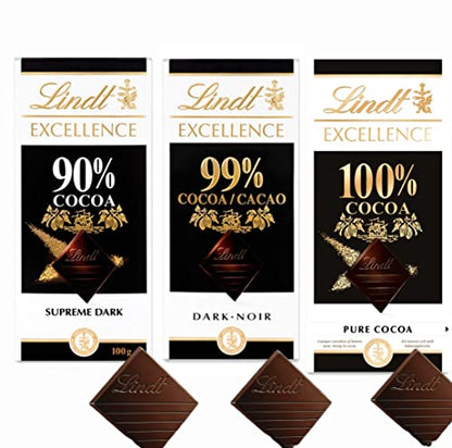 Lindt Excellence Dark Cocoa 90% 100g, Lindt Excellence Dark Cocoa 99% 50g and Lindt Excellence Dark Cocoa100% 50g Chocolate Bar (Combo Pack)