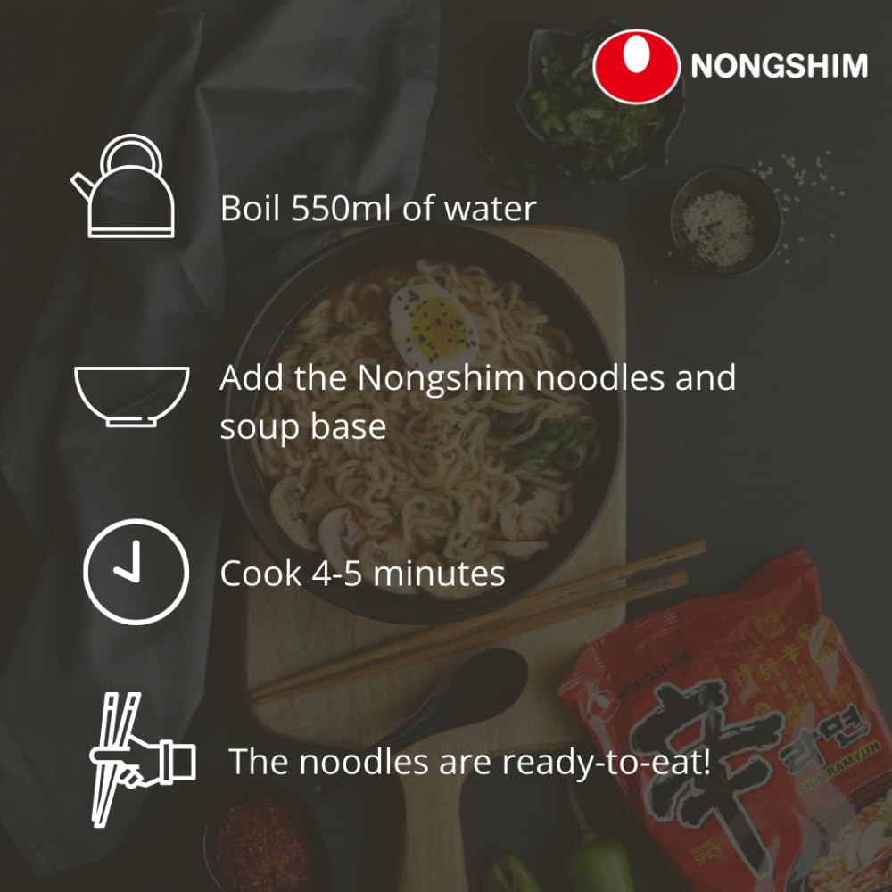 Nongshim Shin Ramyun Noodle Soup (Hot And Spicy) 120Gram (Pack Of 5) - "Nongshim Shin Ramyun - 5 Pack, 120g Each of Hot & Spicy Noodle Bliss!"