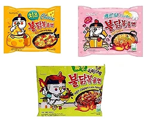 Sam Yang Korean Buldak Cheese Noodles PK1 & Buldak Carbo Noddles PK1 & Buldak Jijang Pk1(420 Grams)(Imported) Pack of 3 (Non - Vegetrian)