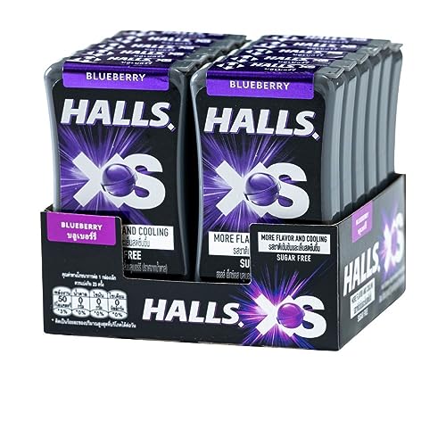 Halls XS Flavored Sugar Free Candy 13.8g Each - Pack of 12 (Blueberry) - A bulk pack of sugar-free blueberry candies.