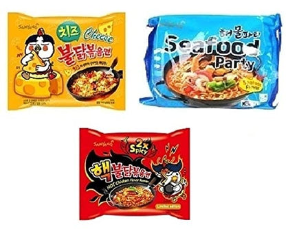 Samyang Korean Buldak Cheese Noodles PK1 & Buldak 2XSpicy Noddles PK1 & Buldak Seafood Pk1(420Gm)(Imported) Pack of 3 (Non - Vegetrian)