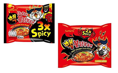 Sam Yang Hot Chicken Flavoured - 2X Spicy Chicken Noodles & 3X Extra Spicy Noodles - Imported , 140 grams- Pack of Combo