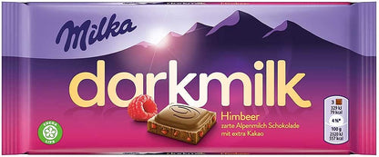 Milka Dark Milk Raspberry Chocolate, 3 oz / 85 g - "Raspberry Choco Fun!"